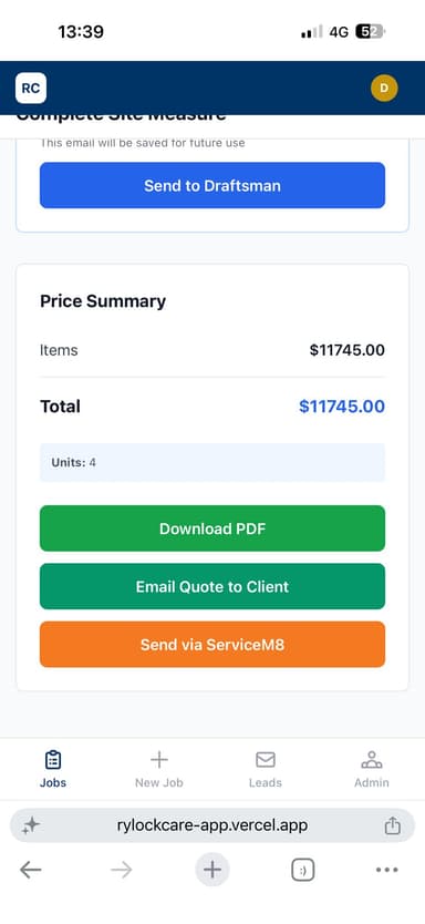 Rylock price summary screen